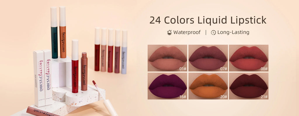 QIBEST 24-color waterproof matte liquid lipstick set with long-lasting, highly pigmented nude and bold shades.