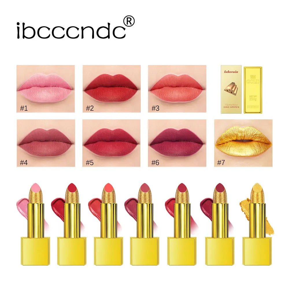 Long-lasting glitter shimmer lipsticks in gold brick tubes. Waterproof matte lip makeup in seven vibrant shades.