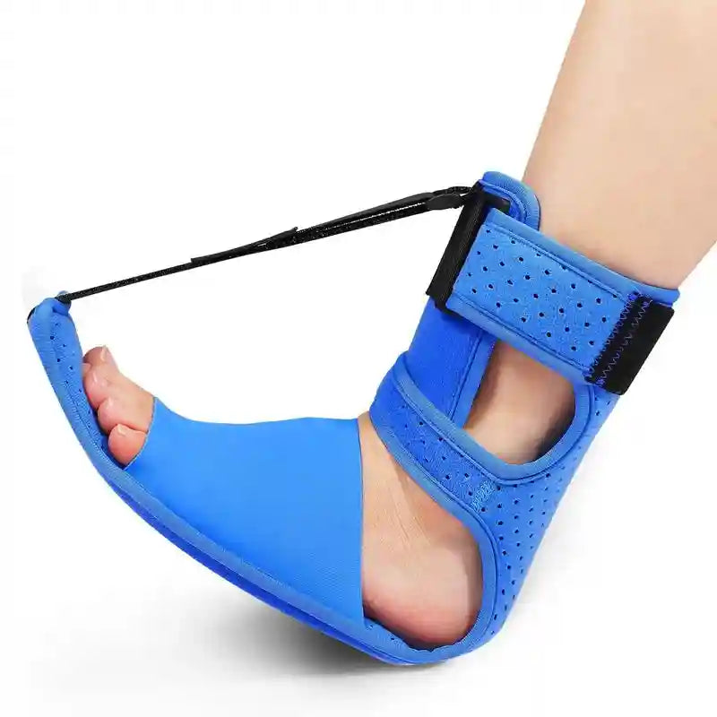 Blue plantar fasciitis night splint with adjustable strap for heel spur and Achilles tendonitis pain relief.