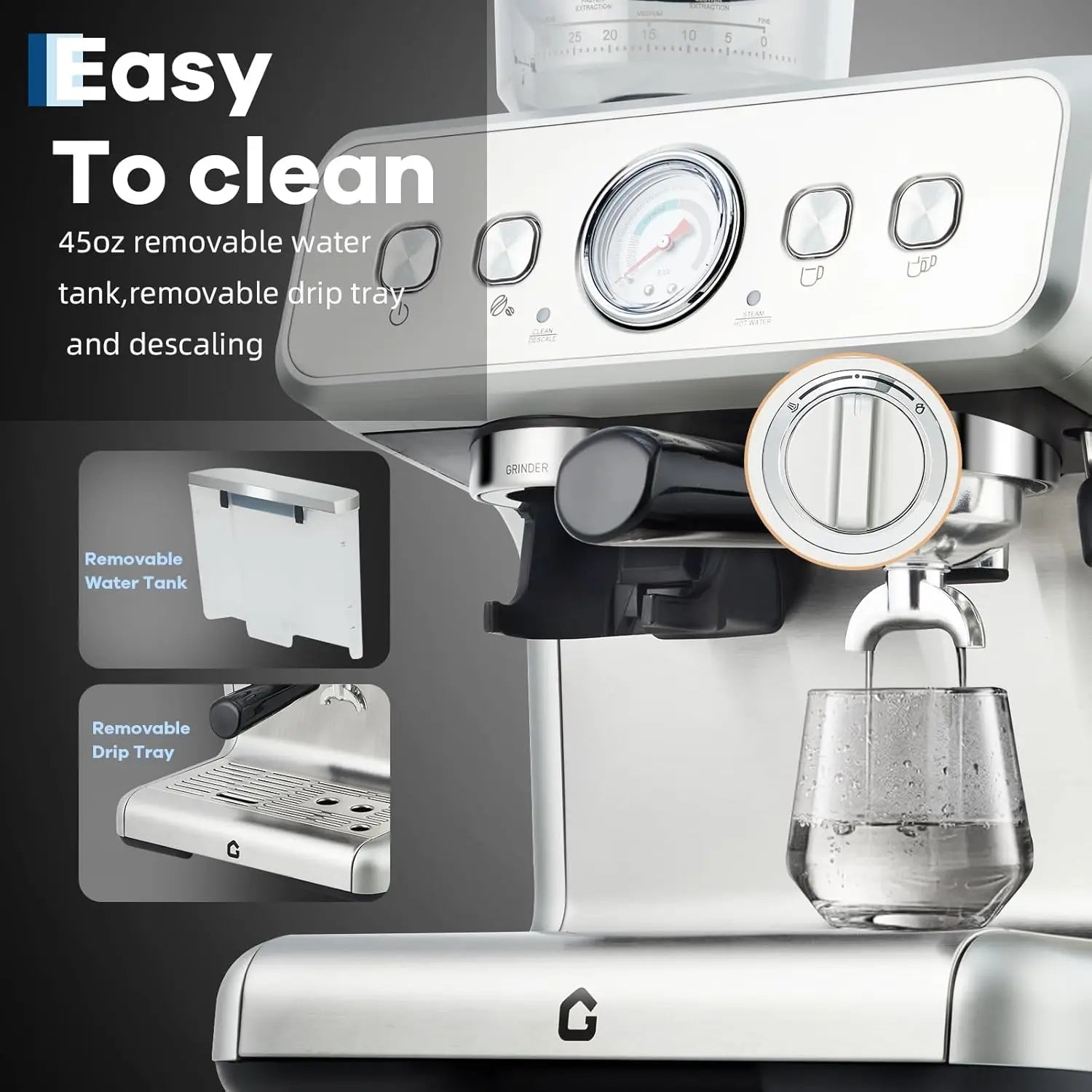 Silver espresso machine with 45oz removable water tank, pressure gauge, and drip tray for easy cleaning.