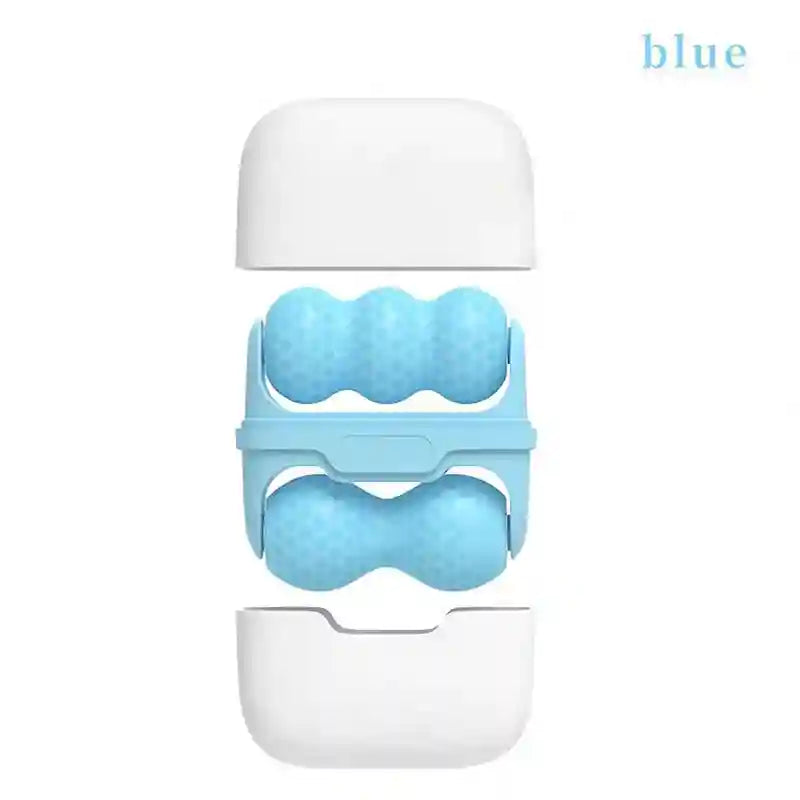 Blue facial ice roller with detachable textured silicone heads and white protective storage cases.