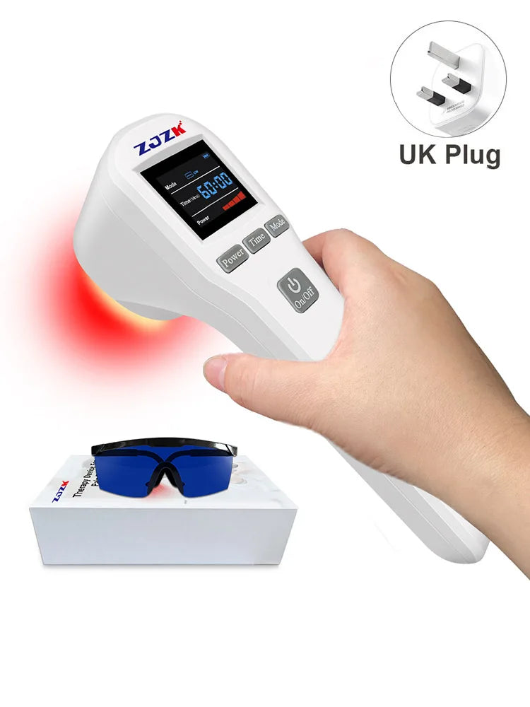 Handheld white red-light therapy device with digital display, protective glasses, and UK power plug for pain relief.