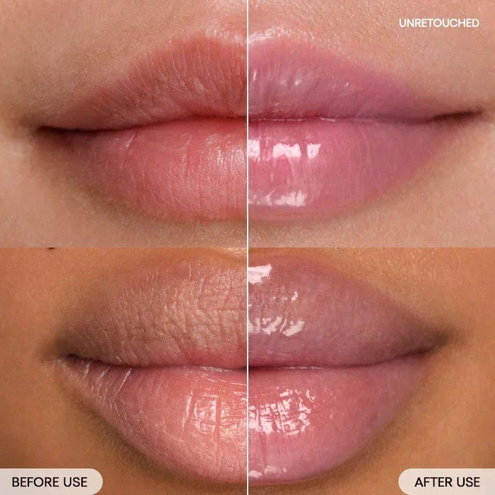 Laneige strawberry lip gloss before and after: glossy, plumping, moisturizing pink lip oil texture on natural lips.