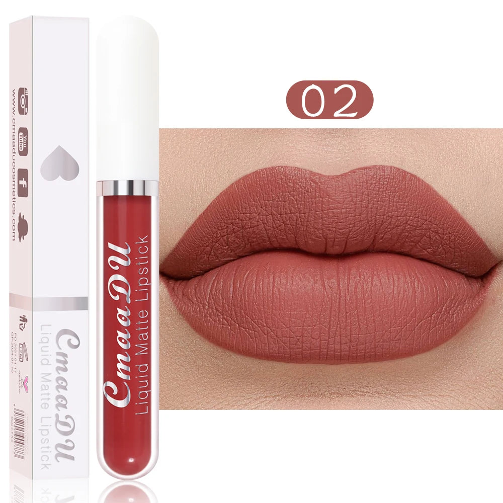CmaaDu long-lasting matte liquid lipstick in shade 02, featuring a waterproof, non-stick, nude-pink velvet finish.