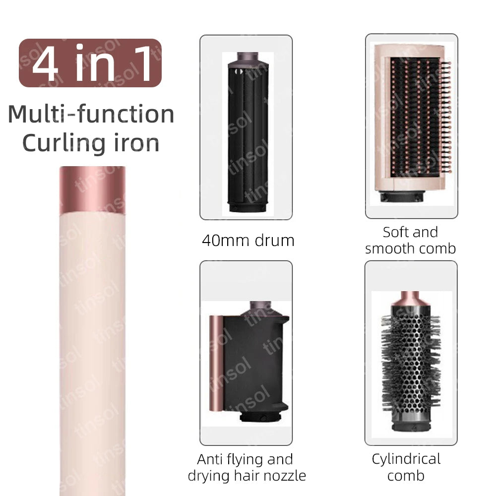 4-in-1 high-speed hair dryer set with rose gold attachments, curling iron, smoothing brush, and drying nozzle.