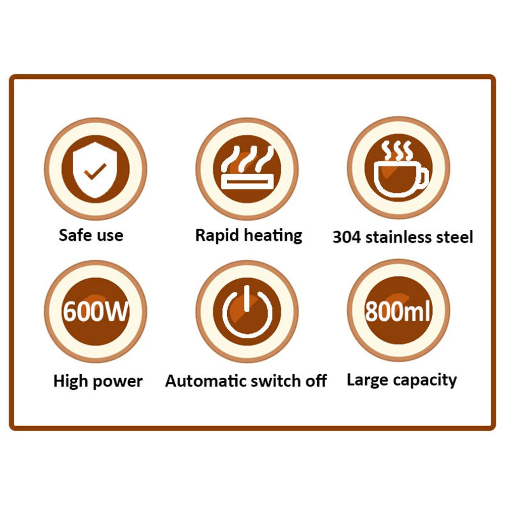 Infographic for 800ml coffee maker with 600W power, 304 stainless steel, rapid heating, and safety auto-off features.