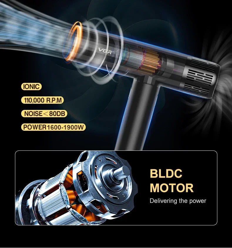 VGR V-427 leafless professional hair dryer with 110,000 RPM BLDC motor, ionic technology, and powerful 1900W airflow.