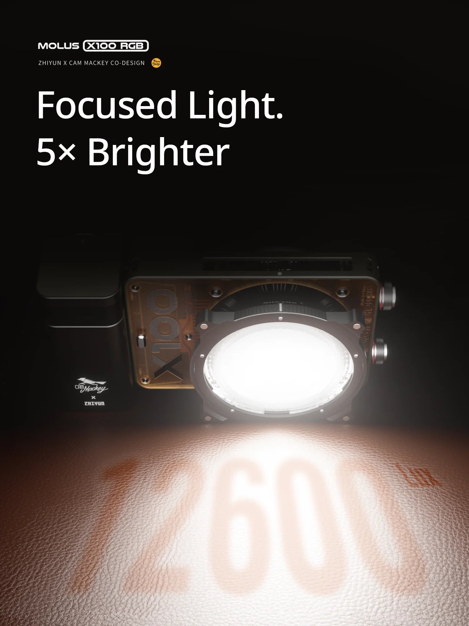 Molus X100 RGB compact rectangular LED video light with a circular lens emitting a bright beam onto a brown surface.