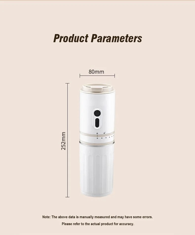 White portable electric coffee maker, 252mm tall, 80mm wide, features a sleek cylindrical design with control buttons.