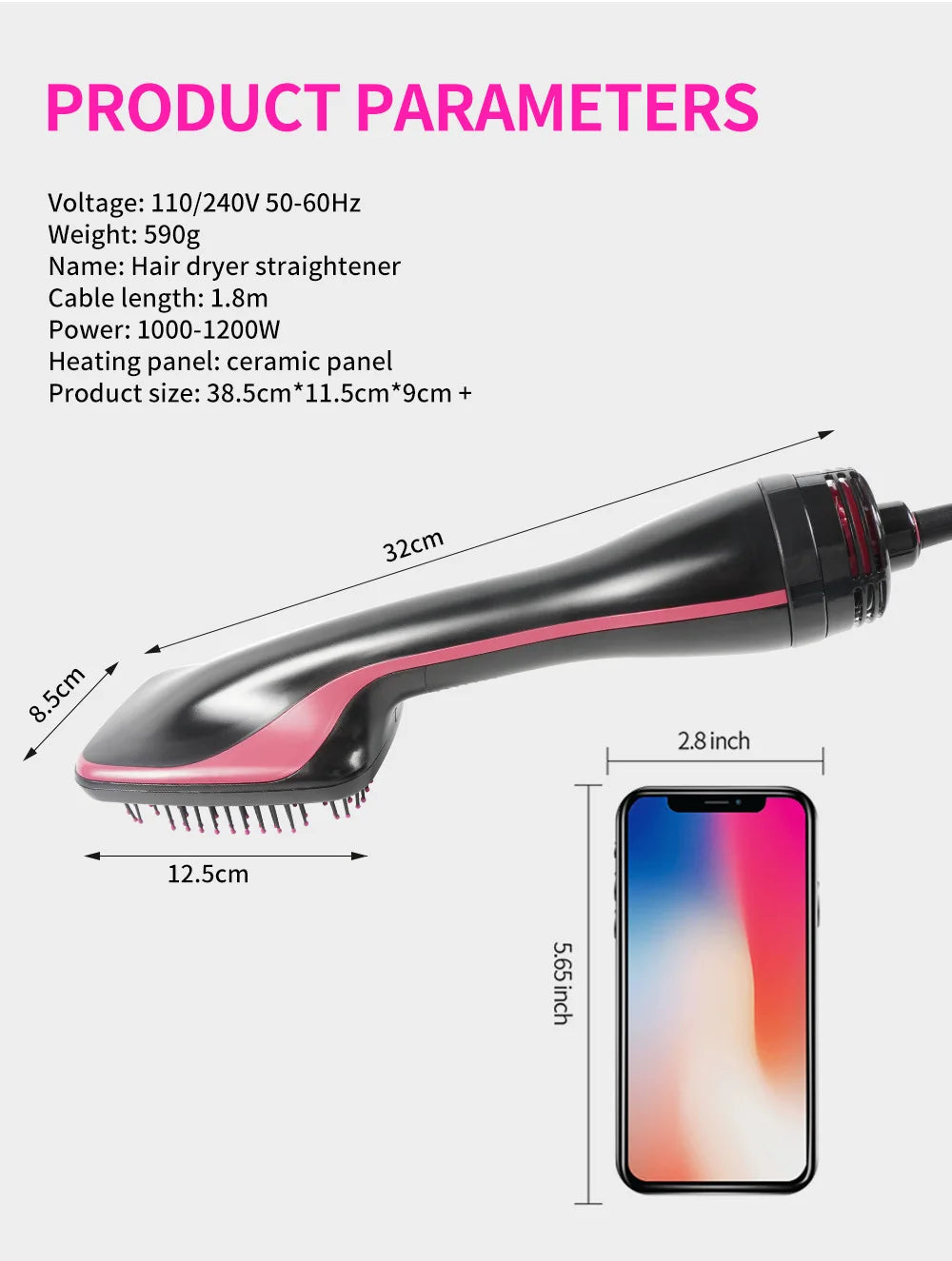 Portable black and pink hot air brush hair dryer and straightener with ceramic heating panel and size specifications.