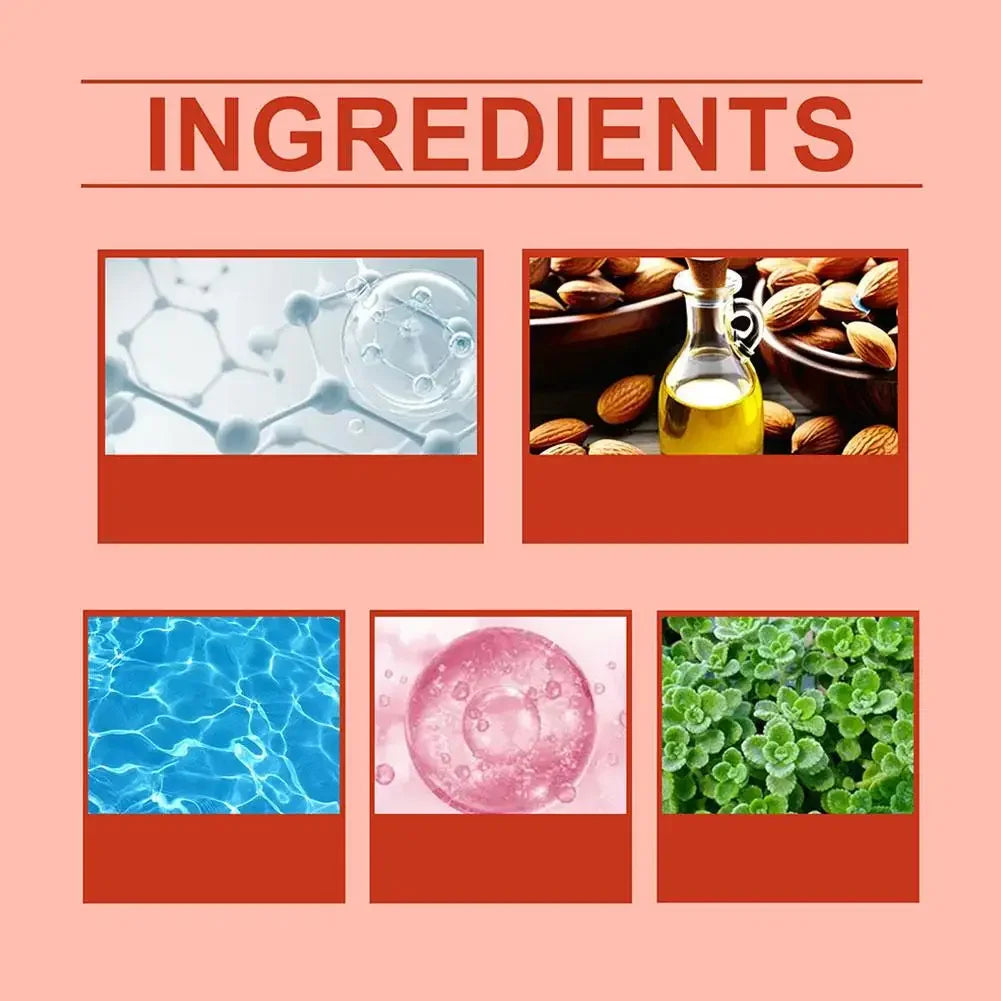 Ingredients infographic for body oil featuring molecular structures, almonds, water, pink essence, and green leaves.