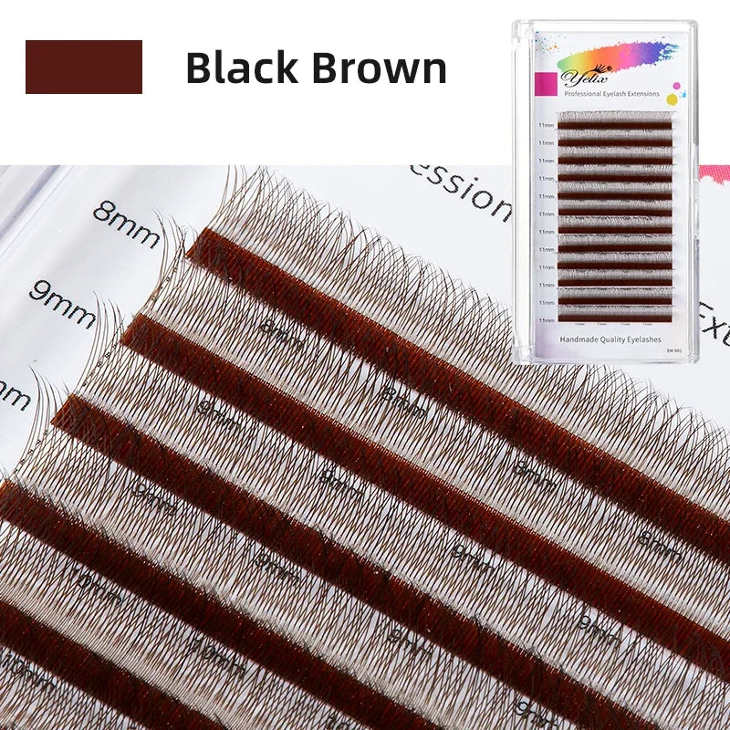 Yelix dark brown 2D Y-lash extensions in a tray, featuring thin, lightweight, premade fans for a natural volume look.