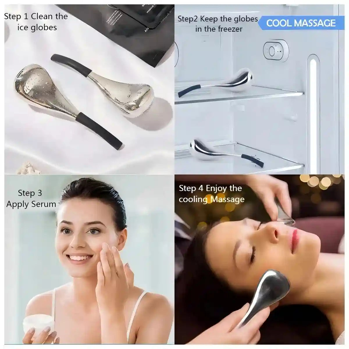 Two silver, teardrop-shaped facial cooling globes with black handles shown in a four-step usage demonstration.