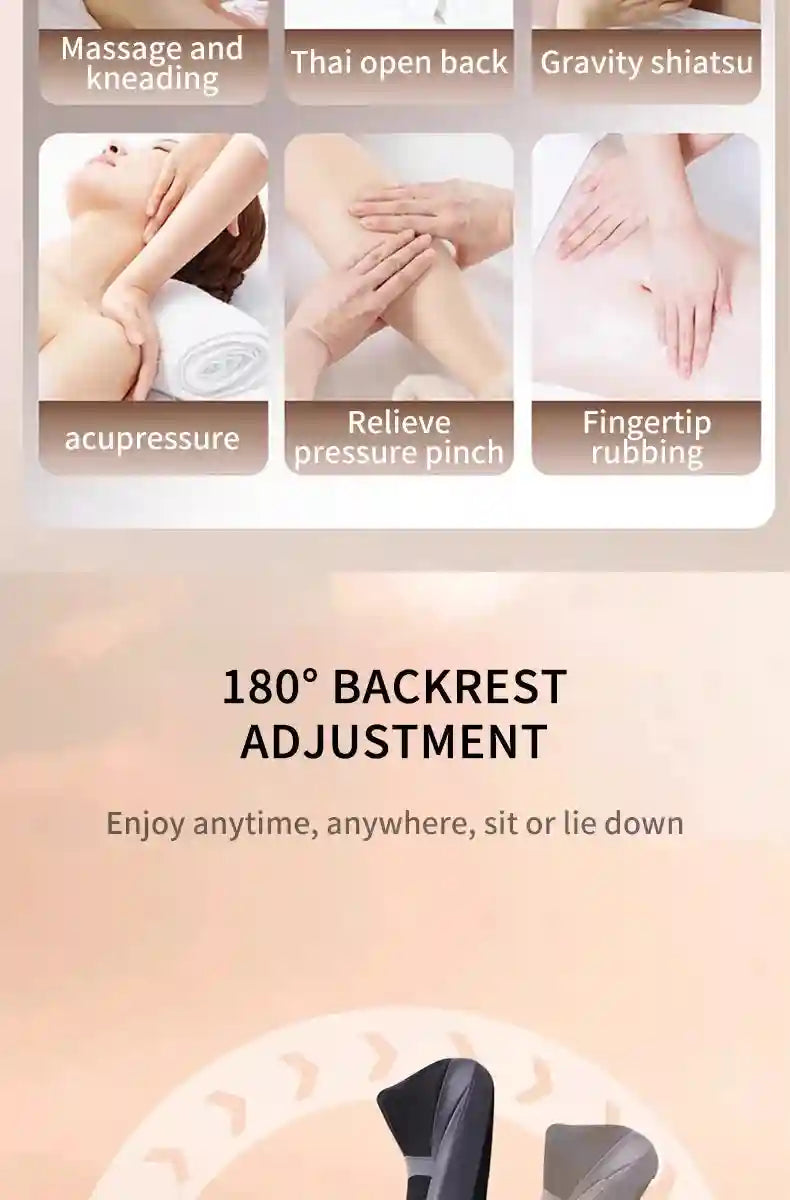 Infographic showing massage techniques like acupressure and kneading, featuring a grey, adjustable shiatsu chair pad.