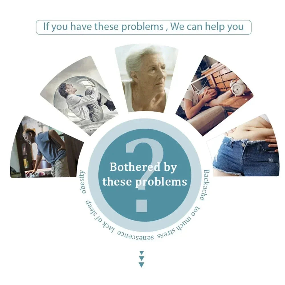 Infographic showing health issues like stress, backache, and obesity for ionic detox foot spa bath machine promotion.