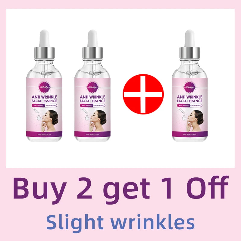Three 30ml glass dropper bottles of Slibridge Anti-Wrinkle Facial Essence with a promotional "Buy 2 get 1" offer.