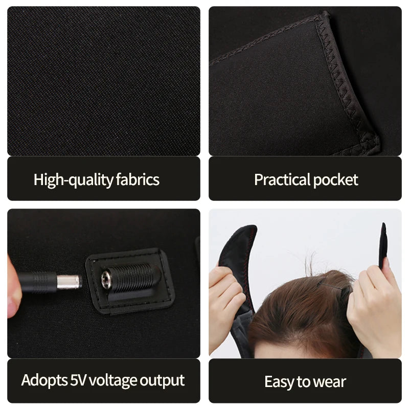 Four-panel collage showing a black fabric jaw heating pad, its pocket, power connector, and how to wear it on the head.