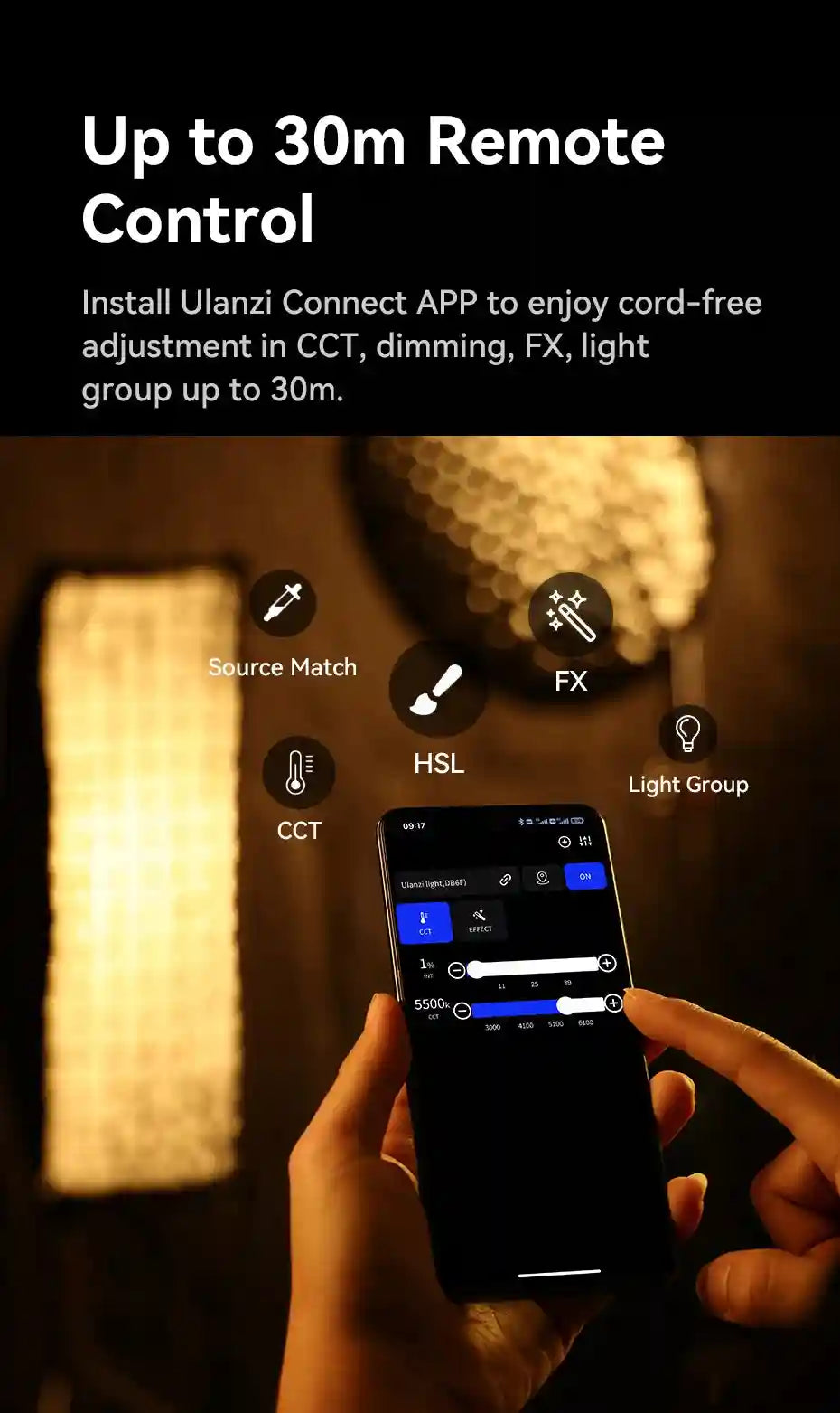Smartphone app interface showing remote control settings for CCT, FX, HSL, and light groups for wireless light control.