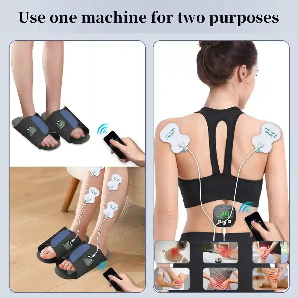 EMS foot massager slippers and back therapy pads with remote control for muscle stimulation and circulation relief.