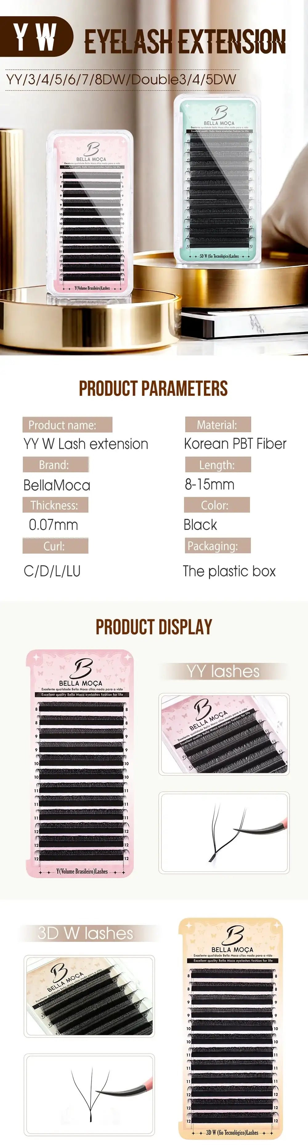 Two BellaMoca black volume lash extension trays in plastic boxes, showcasing YY and 3D W lash patterns on gold stands.