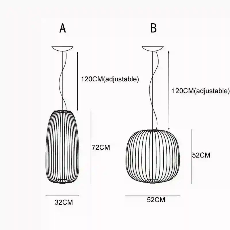 Line drawings of two black wire cage pendant lights with adjustable 120cm cords: a tall thin version and a round one.