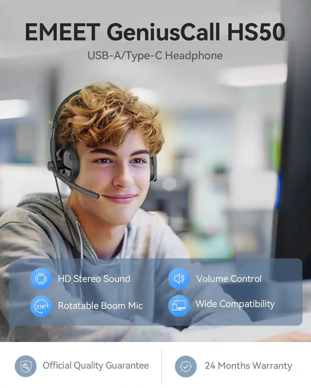 USB Wired Headset with Microphone - Noise Cancelling PC Office Headset Tidesmit