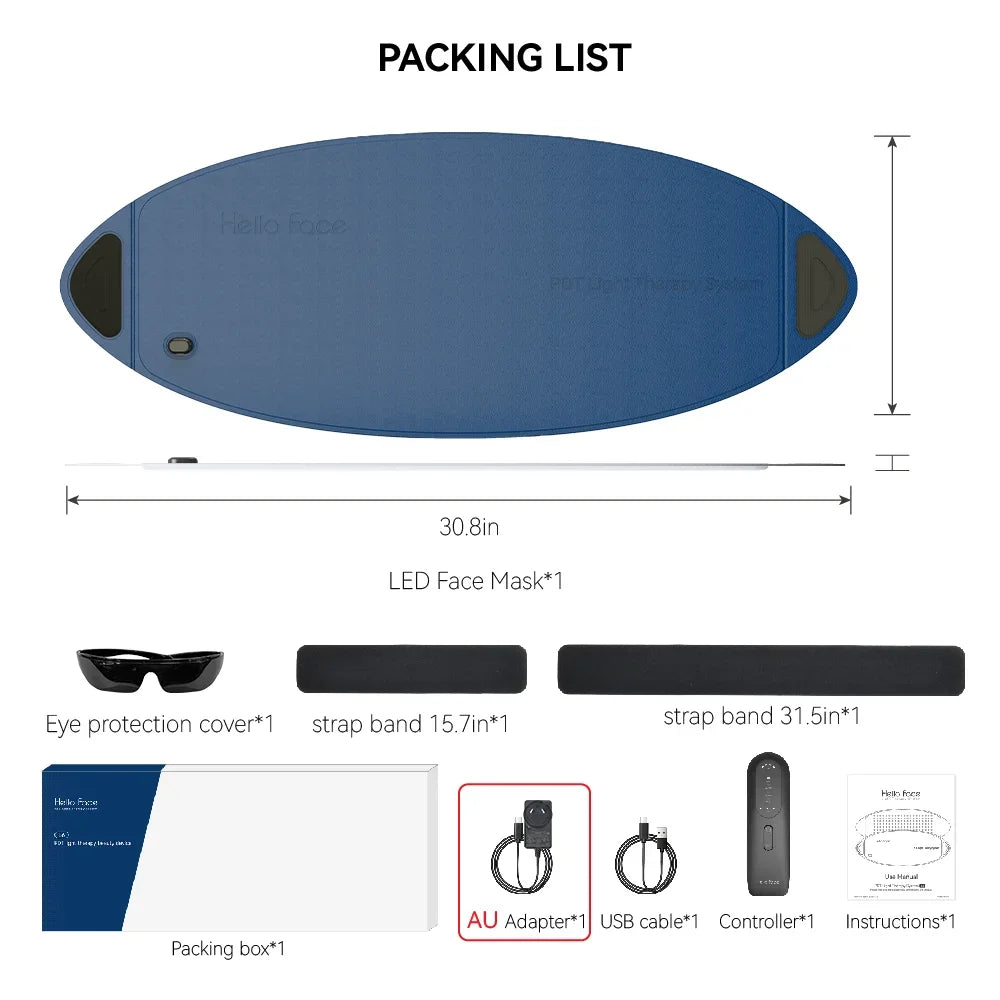 A packing list graphic for a blue, oval-shaped LED light therapy device, including straps, goggles, controller, and box.