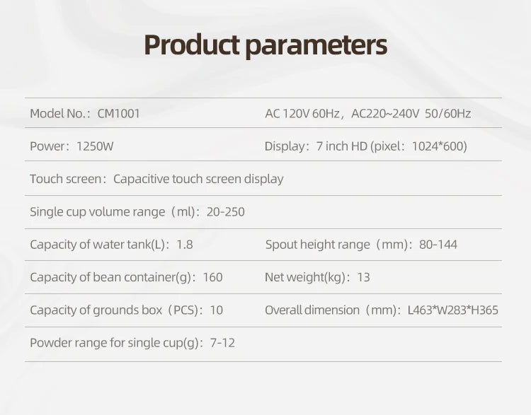 CM1001 coffee machine specs: 1.8L tank, 160g bean container, 7-inch HD touch screen, and 1250W power output.