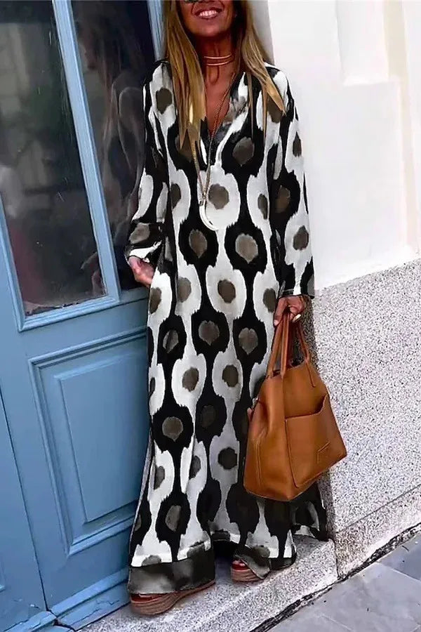 2024 Autumn Causal V NeckWomen Geometric  Maxi Dress  Long Sleeve Dresses Female Holiday Beach Boho Dress