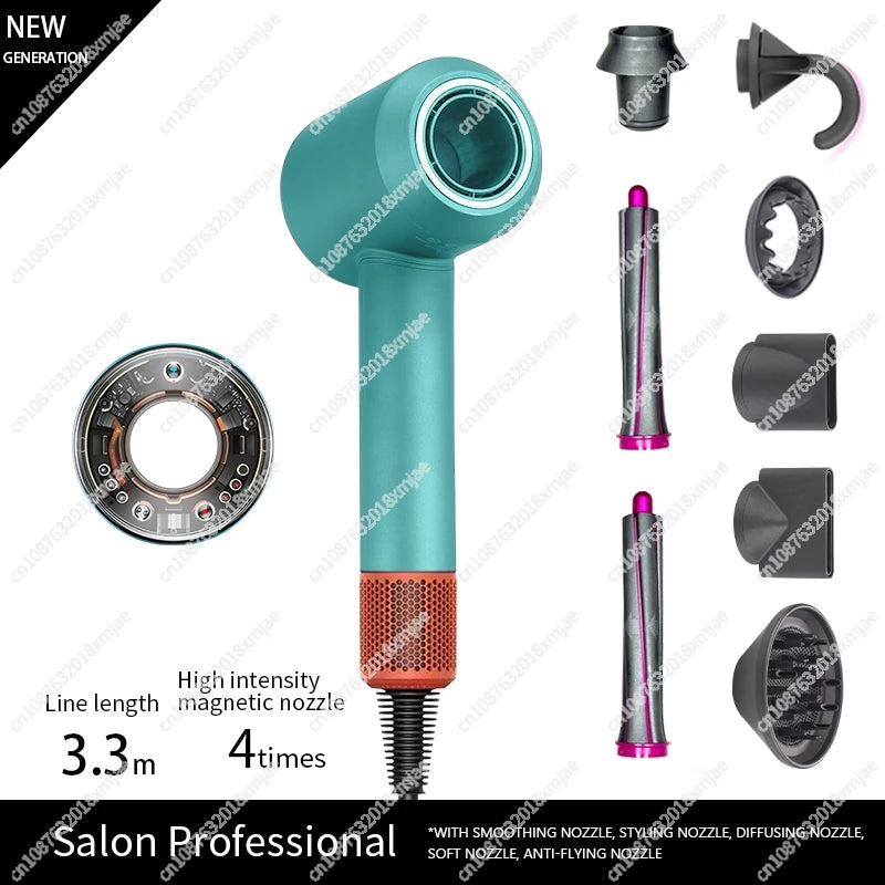 Teal leafless negative ion hair dryer with magnetic styling attachments for professional salon hair care styling.