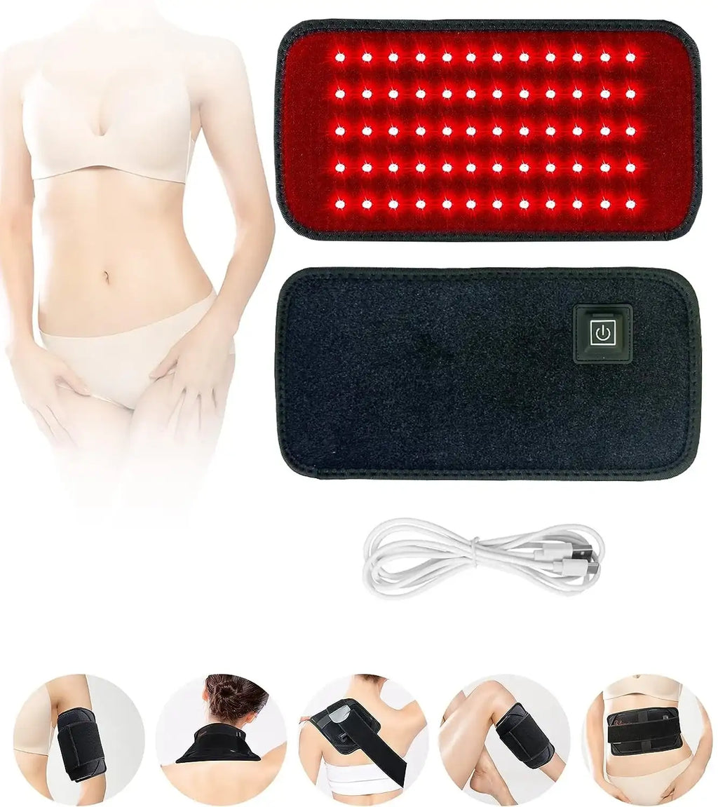 Red and infrared light therapy belt with 60 LEDs, shown with a USB cable and examples of use on body parts.