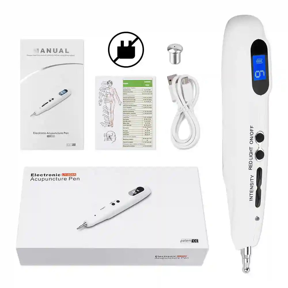 White electronic acupuncture pen with digital display, charging cable, tips, manual, and guide in a storage box.