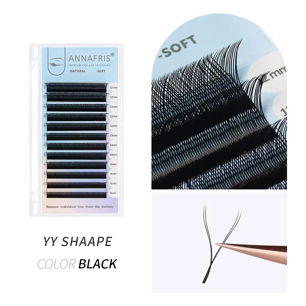 Black YY-shape eyelash extension tray with rows of soft, synthetic lashes in 8mm to 12mm lengths for professional use.