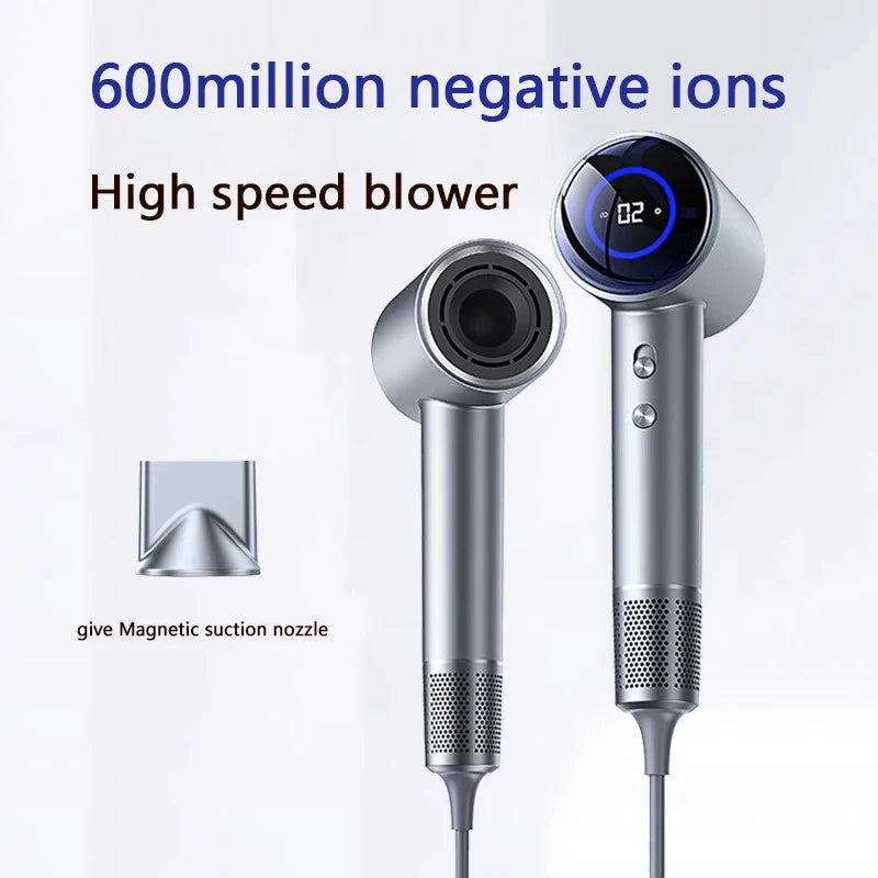 Silver high-speed ionic hair dryer with LED display, 1600W power, and magnetic nozzle attachment for fast drying.