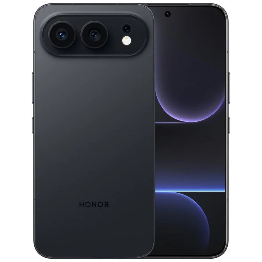 Black HONOR 500 5G smartphone showing triple camera back and front screen display.