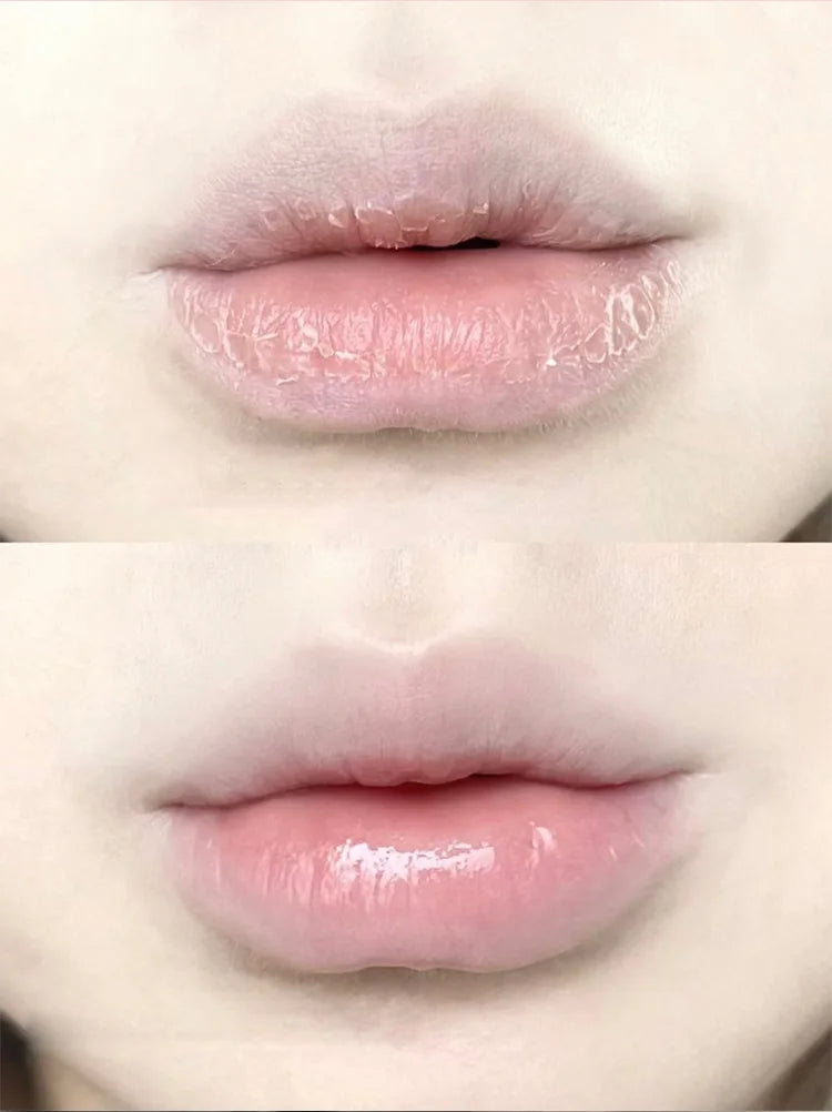 Before and after comparison of dry lips treated with Gege Bear cherry hydrating lip oil for a glossy, smooth finish.