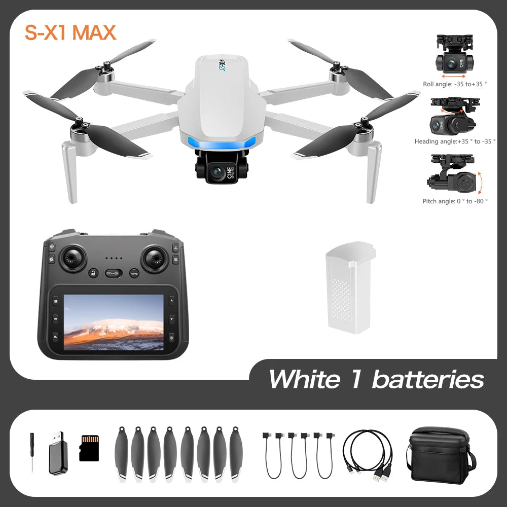 4K Camera Drone With 3-Axis Gimbal GPS - Foldable Aerial Quadcopter S-X1-3-Axis-White Tidesmit