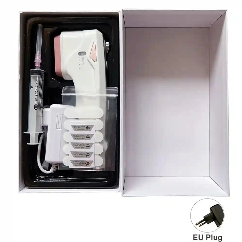 White mini HIFU face lifting machine with skincare syringe and stickers in box, professional anti-aging beauty device.