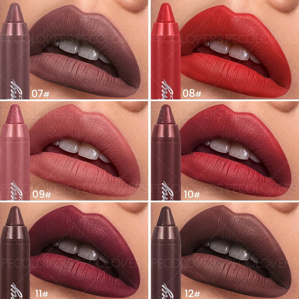 Matte lip crayon set featuring 6 pigmented, moisturizing lipstick pencil shades, from soft nudes to deep berry tones.