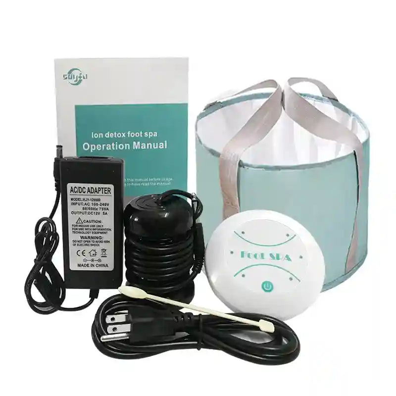 Ionic foot detox spa machine kit with basin, control unit, detox array, power adapter, and user manual on white.