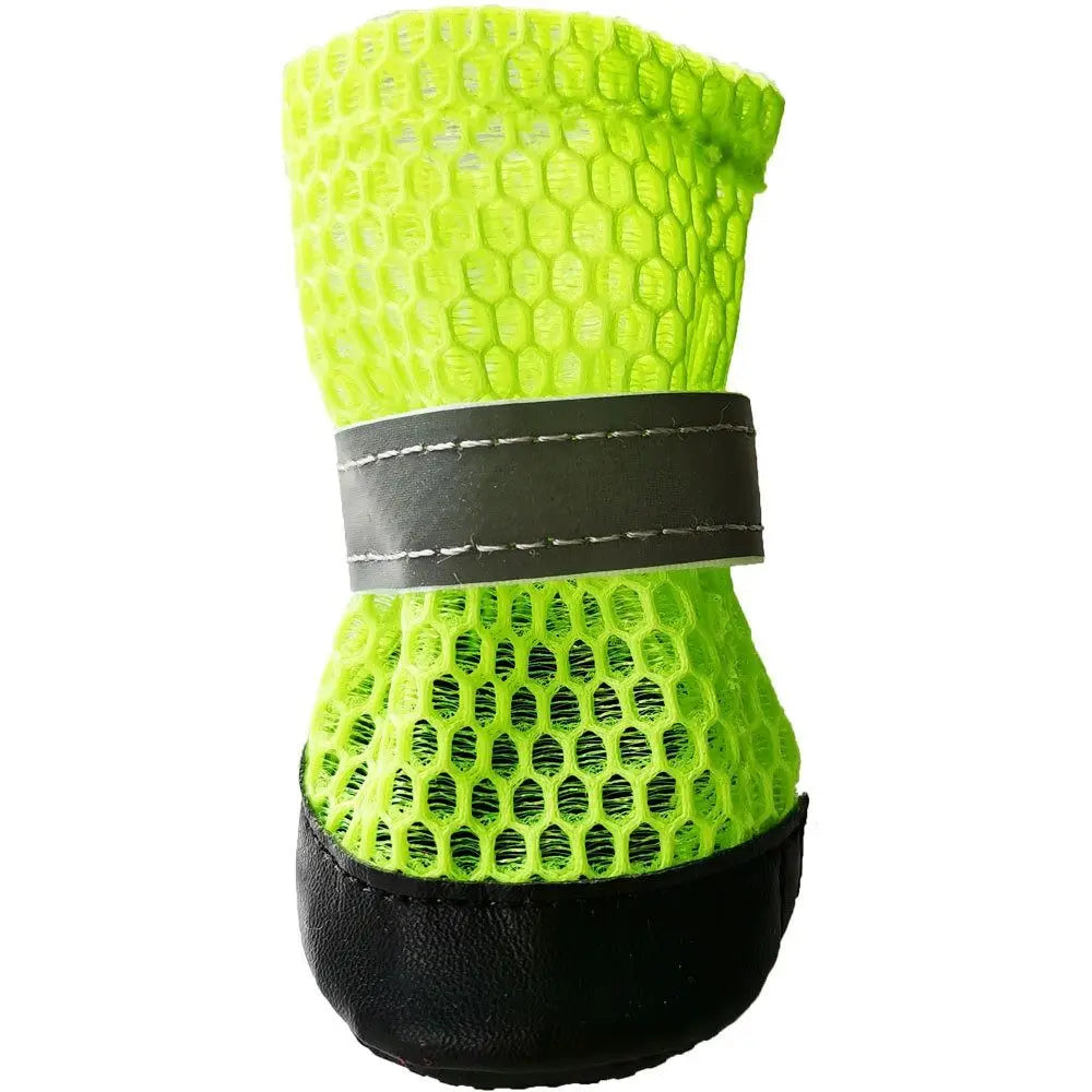 Neon green reflective dog shoes with anti-slip soles and breathable mesh for comfortable outdoor paw protection.