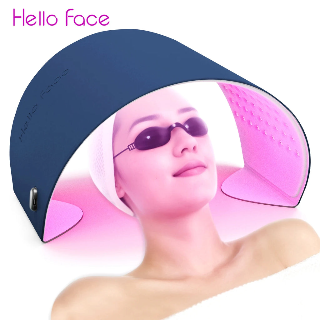 Blue Hello Face LED light therapy arch device over a woman’s face wearing protective goggles for skin care.