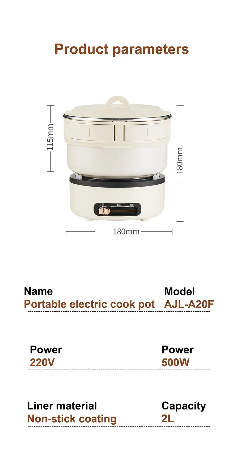 Portable electric cook pot product parameters view with lid and side dimensions