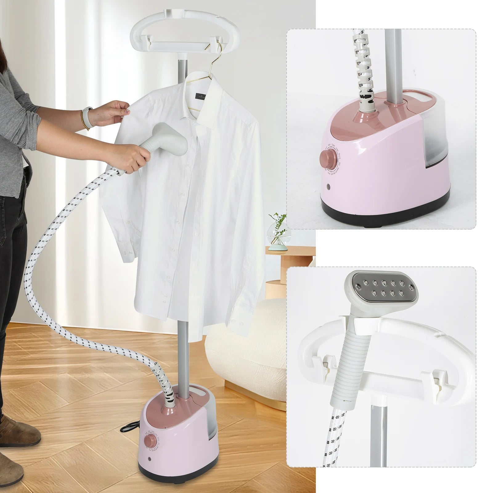 Tidesmit light pink standing garment steamer featuring dual flat and hanging ironing modes for efficient laundry care.