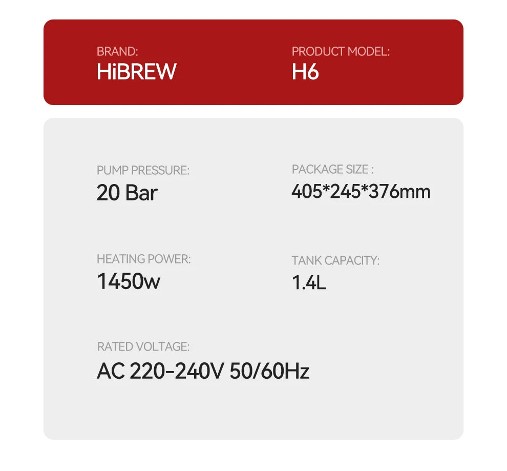 HiBREW H6 espresso coffee machine specifications: 20 bar pump pressure, 1450W power, and 1.4L tank capacity.