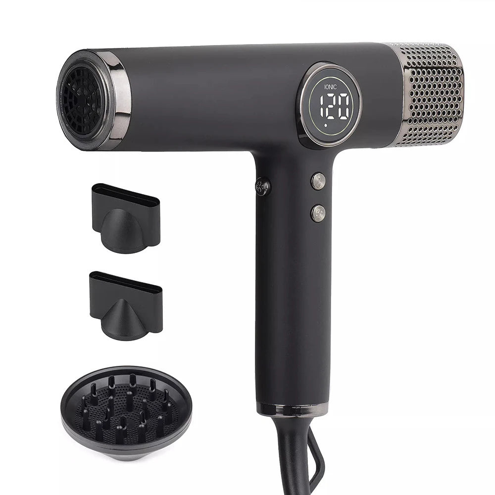 Black 1800W professional ionic hair dryer with digital display, concentrator nozzles, and diffuser for salon styling.