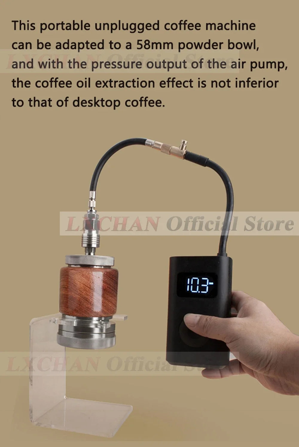 LXCHAN portable manual espresso maker with 58mm wooden powder bowl, air pump pressure system, and digital display.