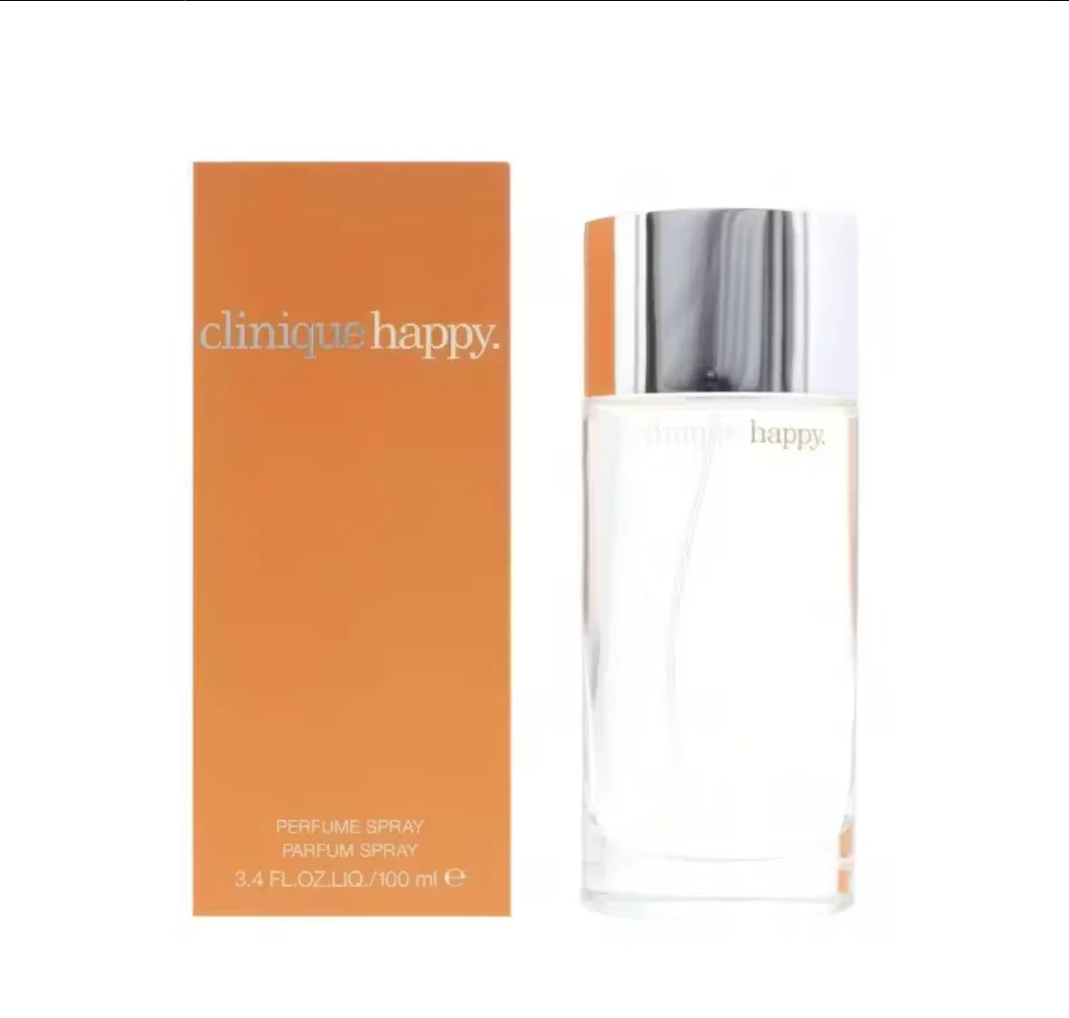 Clinique Happy for Women 3.4 oz Perfume Spray, citrus-floral scent in a sleek clear glass bottle and orange box.