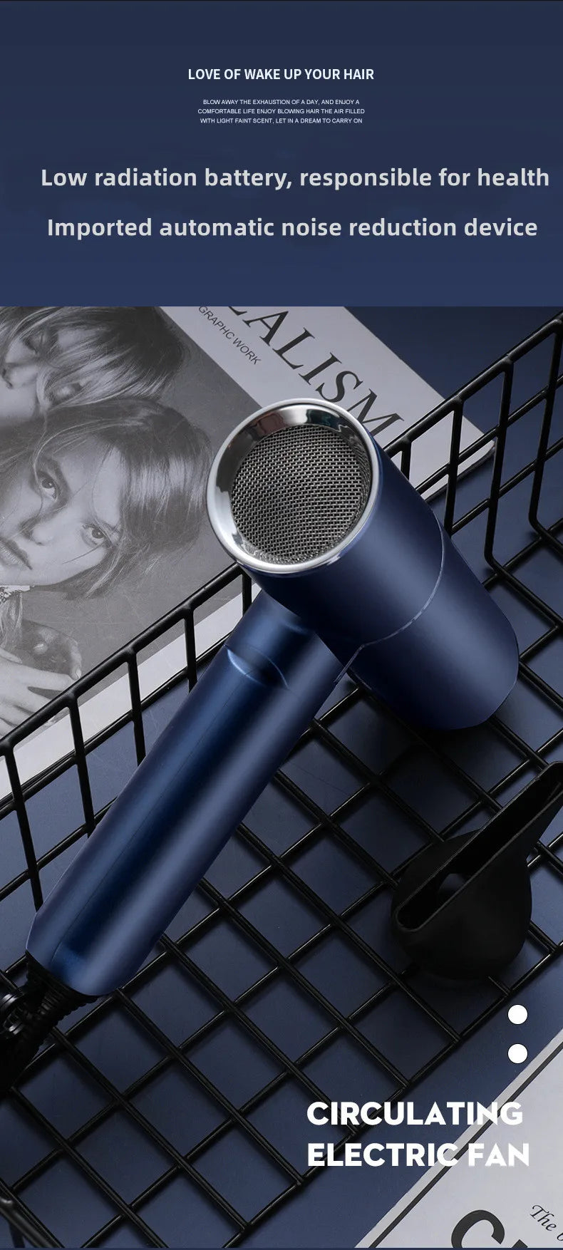 Blue foldable 1200W negative ion hair dryer with nozzle attachment for fast, quiet, travel-friendly hair care.