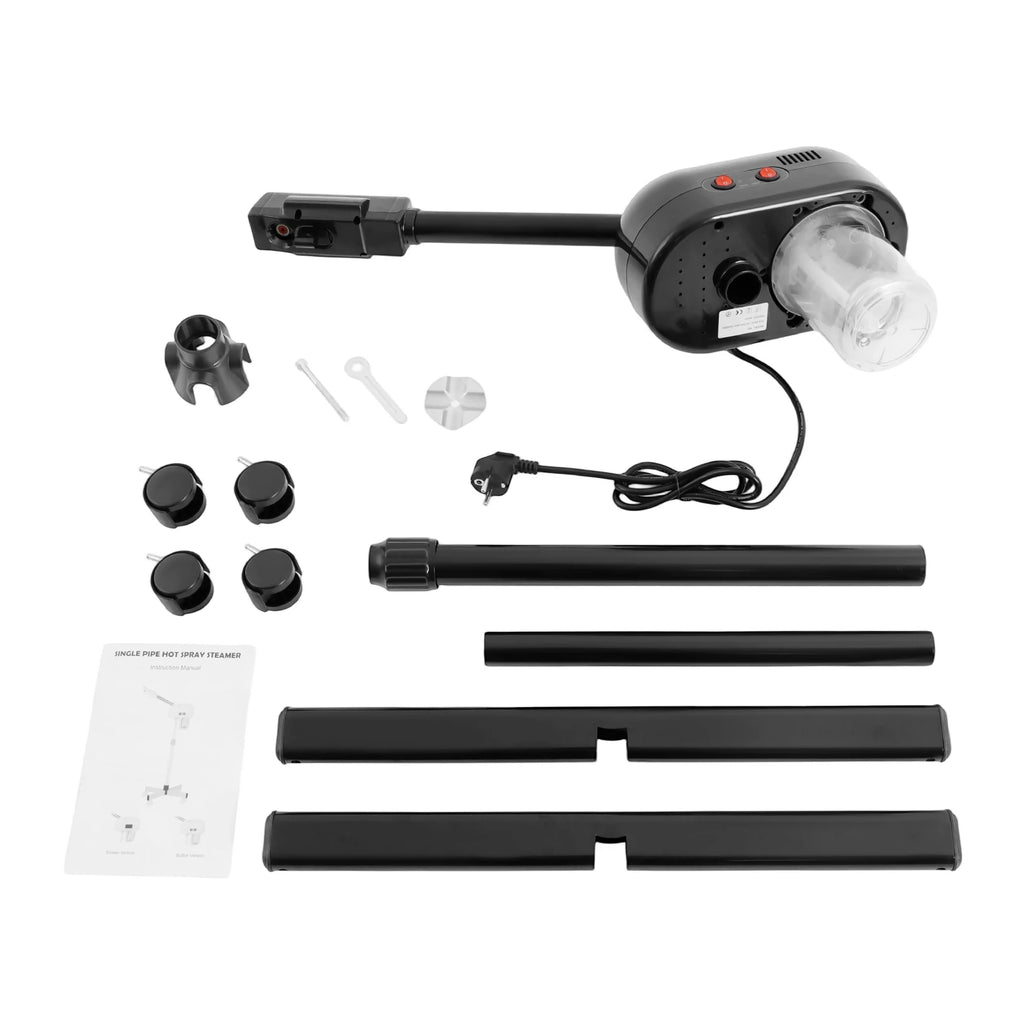 800W facial steamer with 750ml tank, adjustable stand, and rollers for professional spa pore cleaning and skincare.